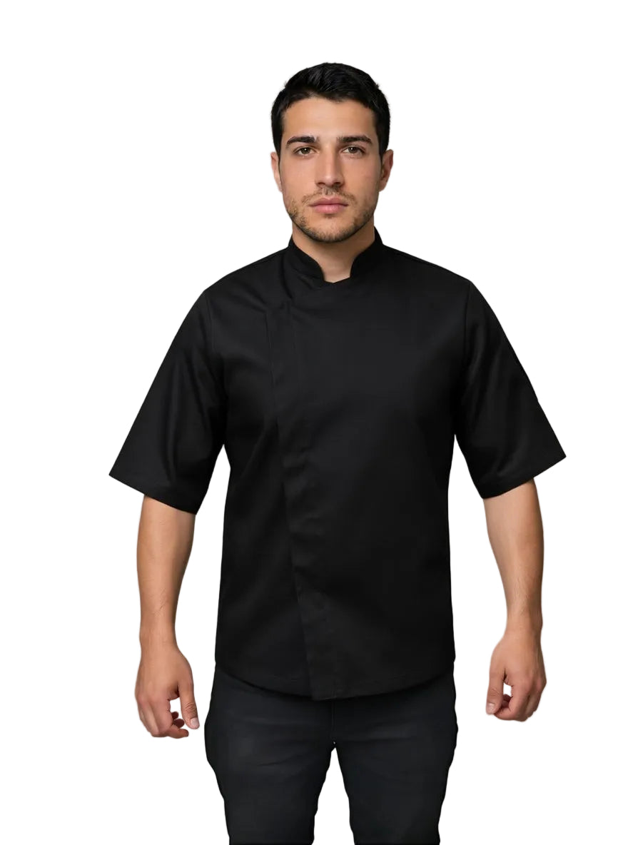 Poly-Cotton Black Chef Coat - Short Sleeve Hidden Button