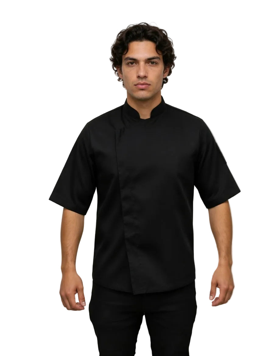100% Polyester Black Chef Coat - Short Sleeve Hidden Button